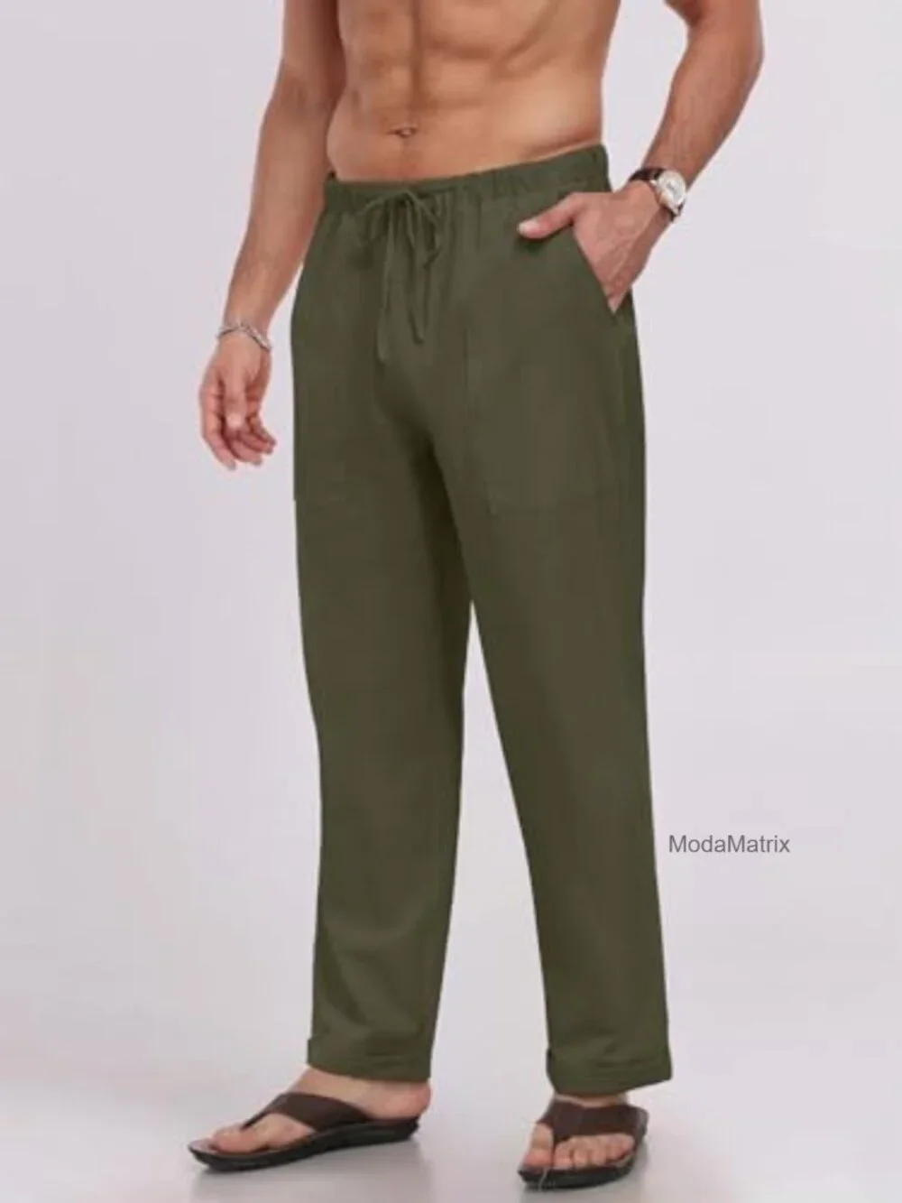 Men's Linen Pants Elastic Waist Drawstring Loose Fit Casual Summer Beach Pants